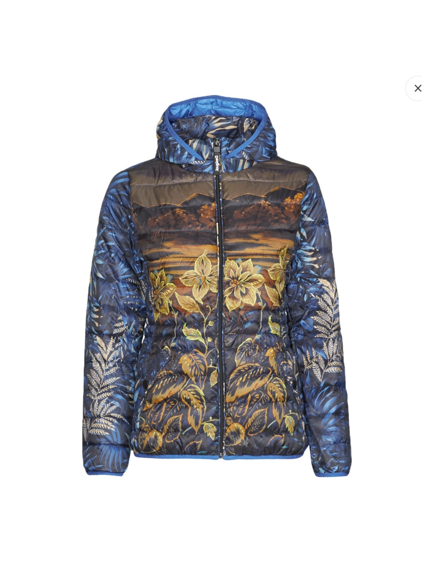 Desigual Blue Floral Puffer Padded Women's Ankor Jacket W Hood - Us Size M - Nwt